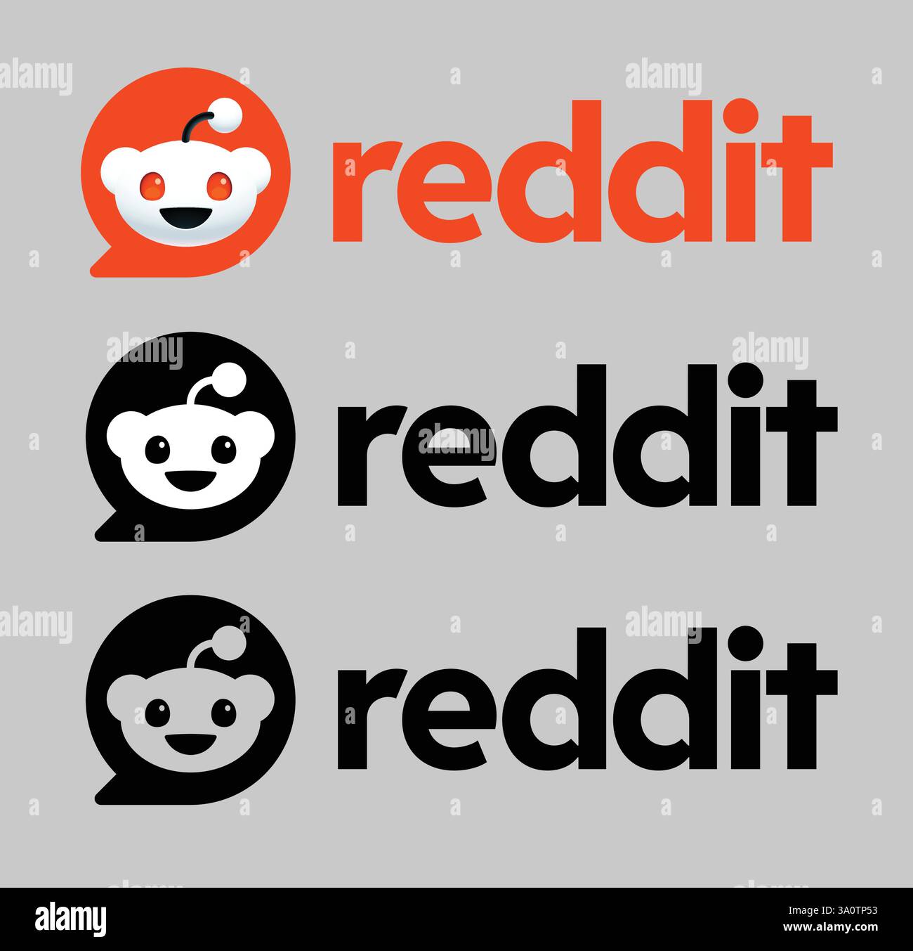 Moderno logo Reddit rosso, nero e bianco con una bolla parlante, presentato in tre versioni Illustrazione Vettoriale