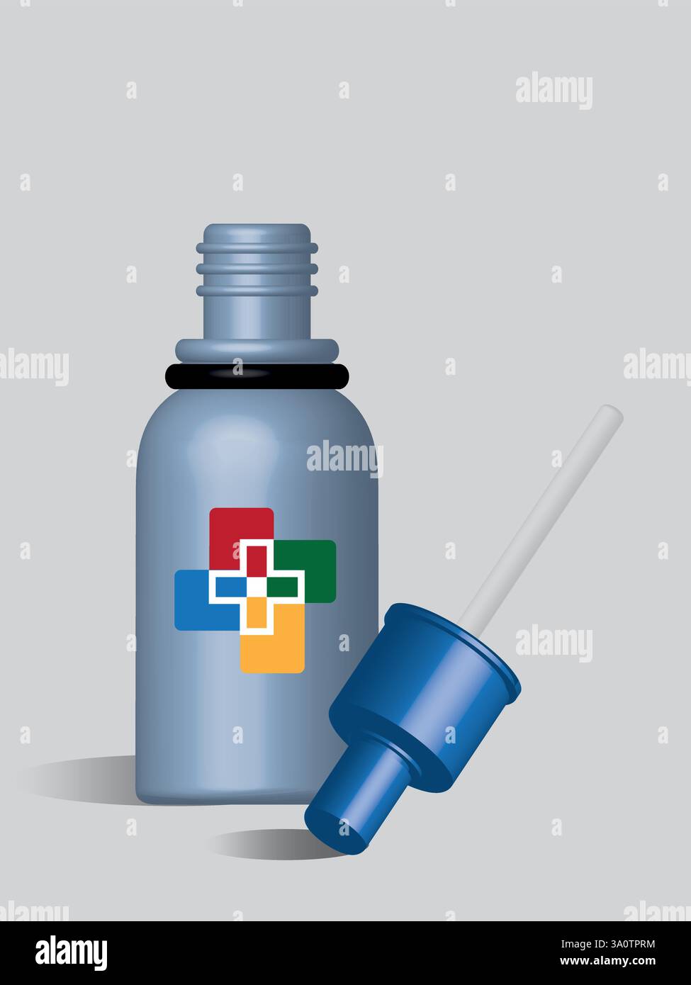 Flacone contagocce 3D realistico . Fiale vuote per farmaco liquido. modello per flacone azzurro con tappo contagocce blu profondo per l'erogazione di farmaci liquidi Illustrazione Vettoriale