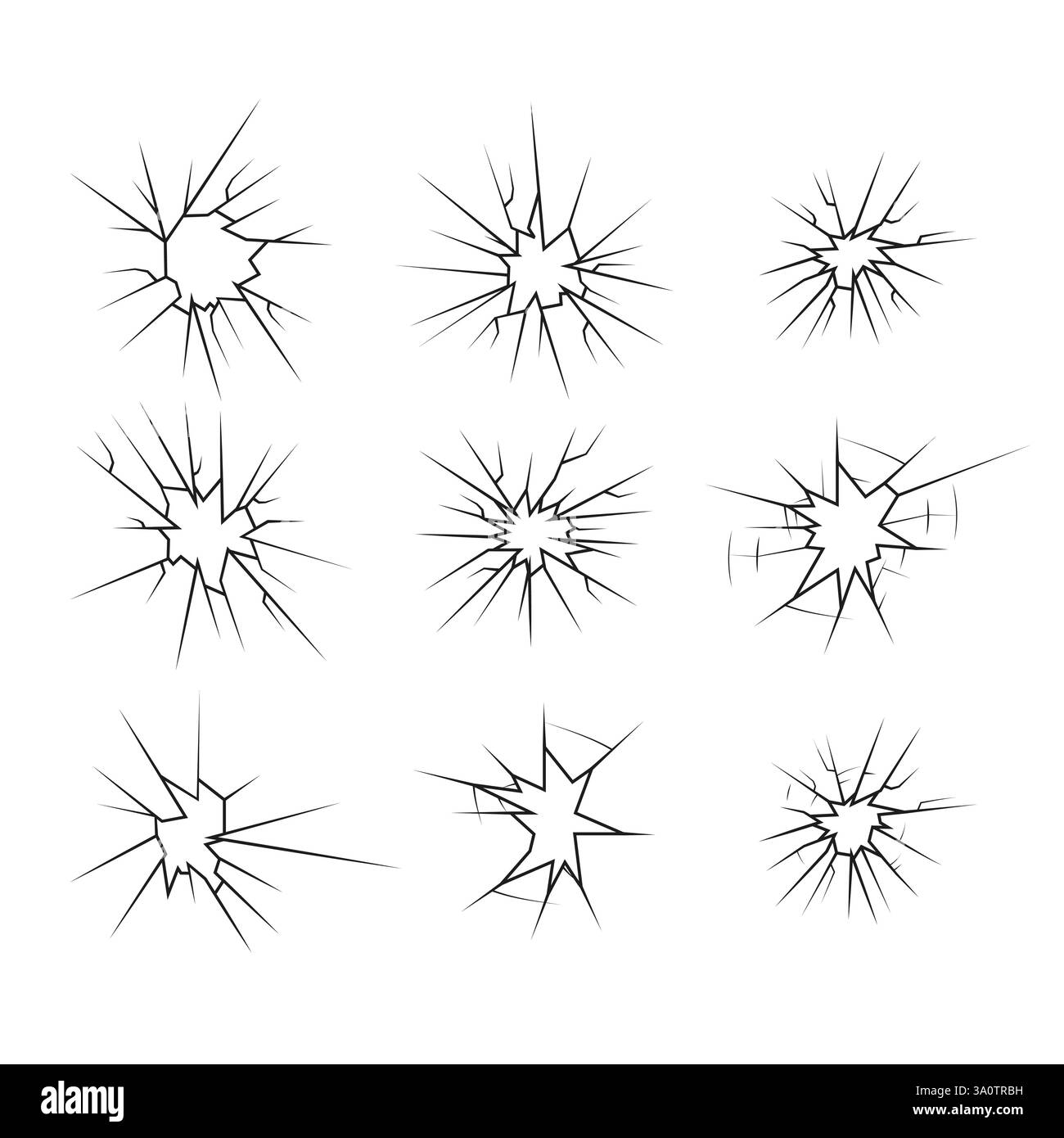 Set di icone per vetri rotti, sagoma di crepe e rotture lineari, vetro rotto o ghiaccio, disegni astratti vettoriali Illustrazione Vettoriale