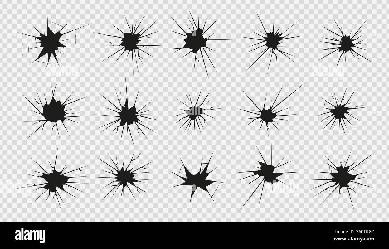 Set di icone per vetri rotti, sagoma di crepe e rotture lineari, vetro rotto o ghiaccio, disegni astratti vettoriali Illustrazione Vettoriale