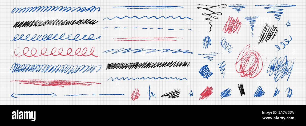 Linee di inchiostro a penna o matita, tratti di pennello insieme di schizzi. Sottolineatura pastello, strisce, linea pennello, scarabocchi, scraper. Scrittura sconsiderata o informale con Illustrazione Vettoriale