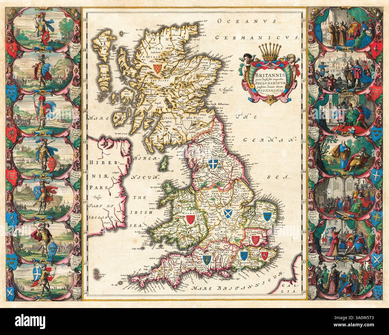 Mappa dei regni anglosassoni della Gran Bretagna (Heptarchy sassone) di Willem Janszoon Blaeu, 1640 circa Foto Stock