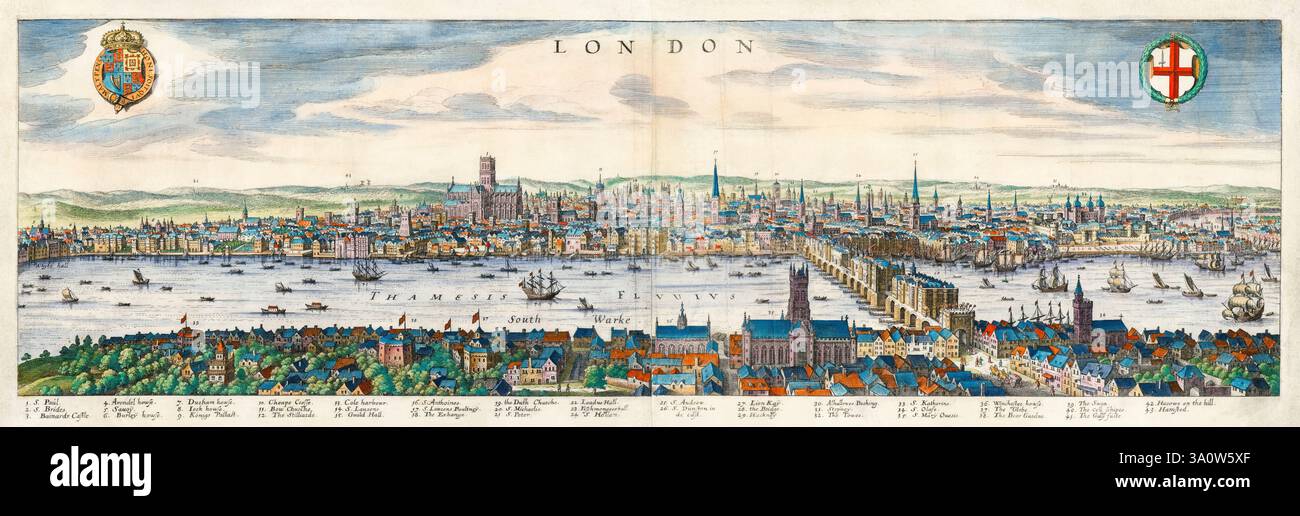 Mappa del XVII secolo. Vista panoramica di Londra e del Tamigi da Matthaeus Merian, circa 1640 Foto Stock Mappa del XVII secolo. Vista panoramica di Londra e del Tamigi da Matthaeus Merian, circa 1640 Foto Stock