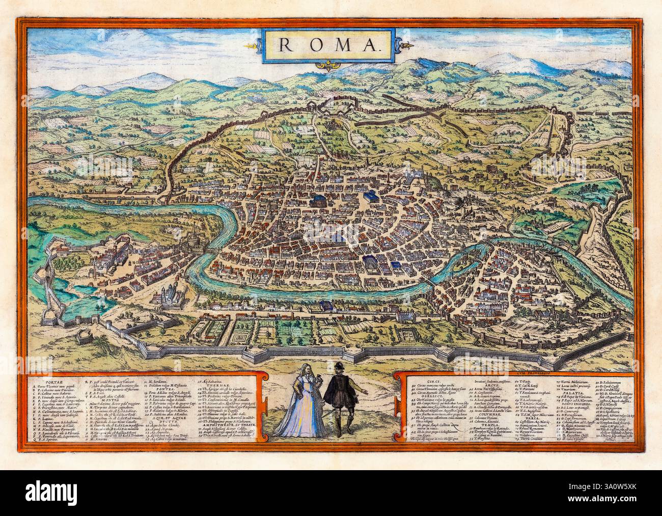 Mappa del XVI secolo. Vista aerea della città di Roma di Georg Braun e Frans Hogenberg, circa 1572 Foto Stock
