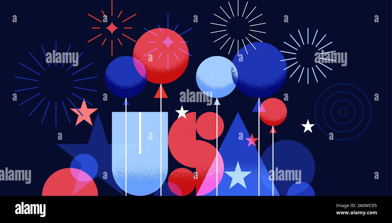 USA, mongolfiere e fuochi d'artificio su sfondo blu navy. Biglietto d'auguri, banner, modello di design per poster per il giorno dell'indipendenza. 4 luglio Vect Illustrazione Vettoriale