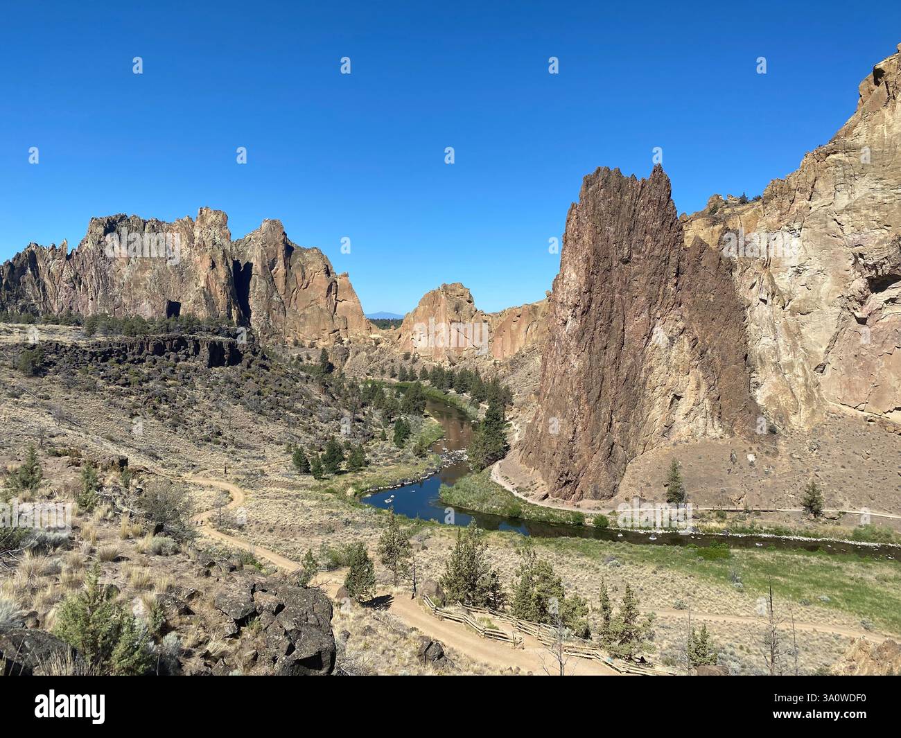 Torreggianti formazioni rocciose e un fiume tortuoso in un canyon desertico Foto Stock