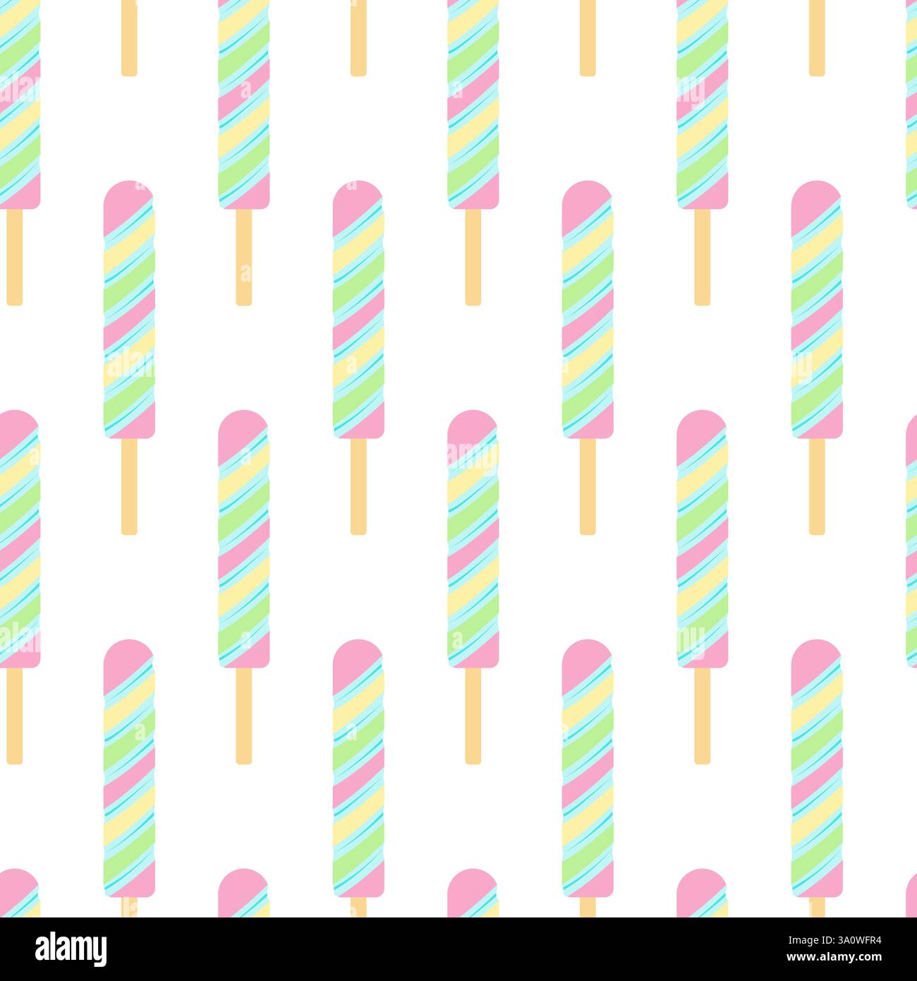 Popsicle con colorate strisce pastello in elegante motivo estivo senza cuciture rosa, blu, giallo e verde. Sfondo di illustrazione vettoriale isolato sfondo banner promozionale Web, schede tematiche, opuscoli, tag Illustrazione Vettoriale