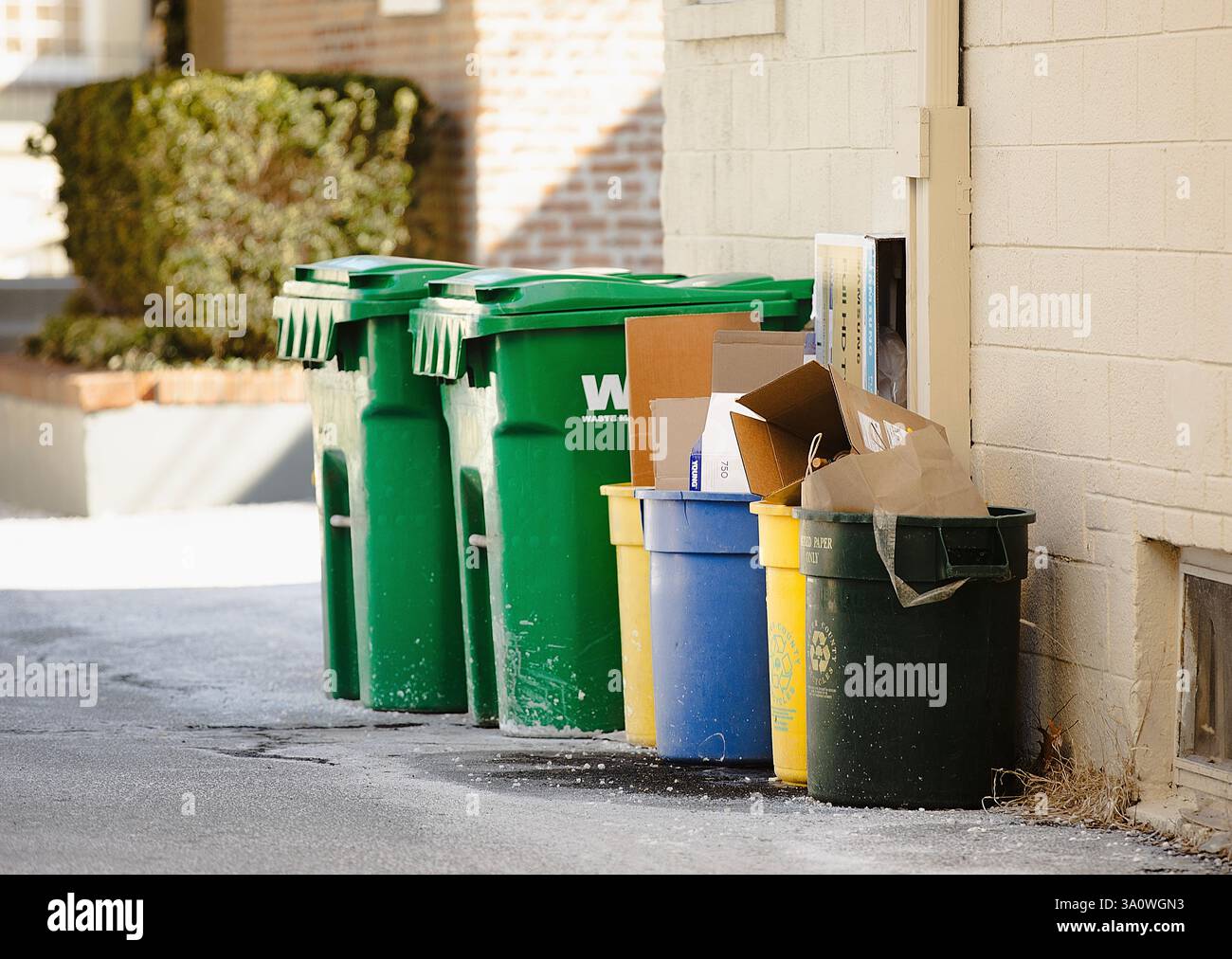 Contenitori riempiti per la raccolta differenziata dei rifiuti in un'area residenziale in una strada a Princeton, New Jersey, Stati Uniti, 23 febbraio. Foto Stock