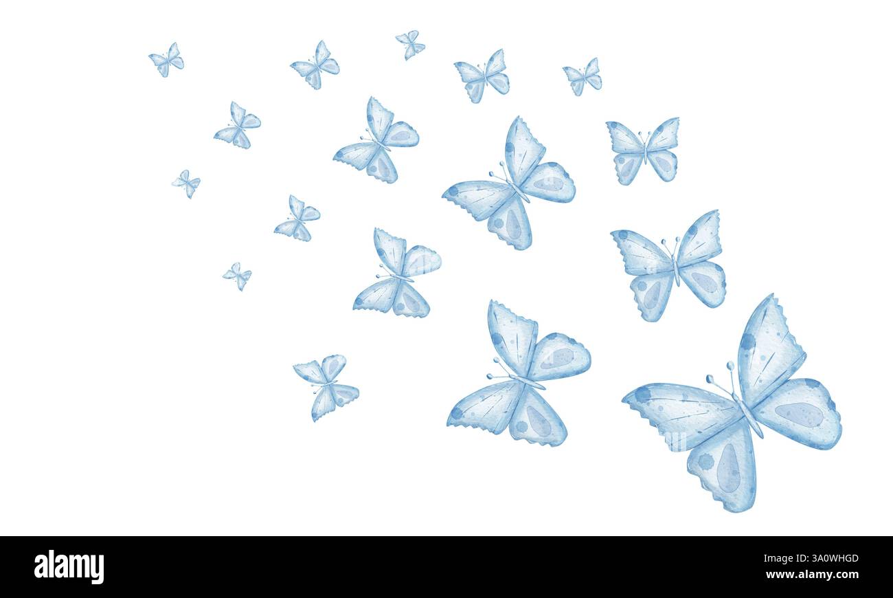 Composizione di molte farfalle blu di diverse dimensioni che volano in direzioni diverse. Illustrazione acquerello. Disegnato a mano, isolato su sfondo bianco. Per la progettazione di cartoline, la stampa e la carta da imballaggio Foto Stock