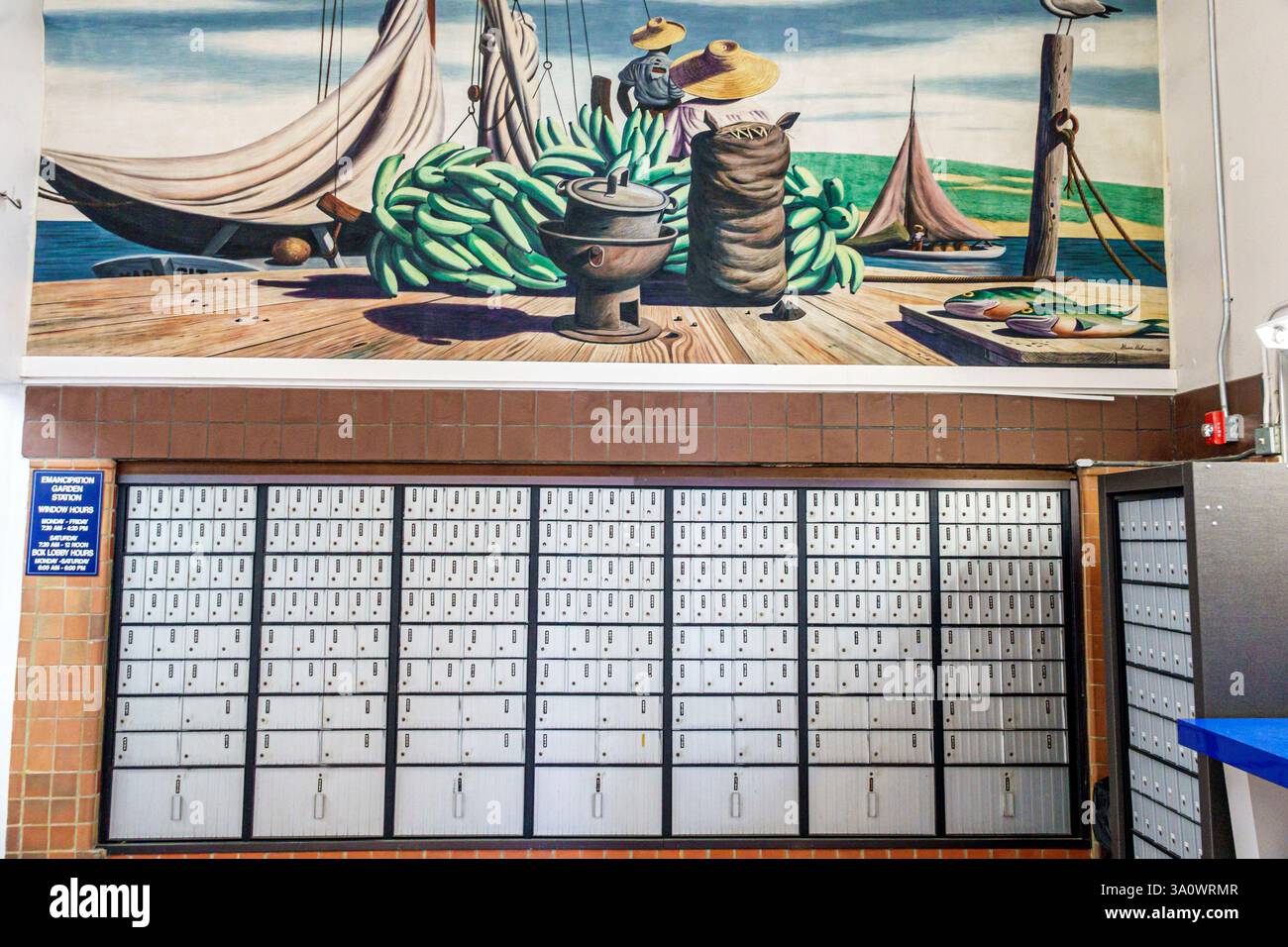 Charlotte Amalie, Saint St. Thomas, Isole Vergini americane USVI, Ufficio postale di Alvaro de Lugo Emancipation Garden, Norre Gade, interno, hall, ufficio postale Foto Stock