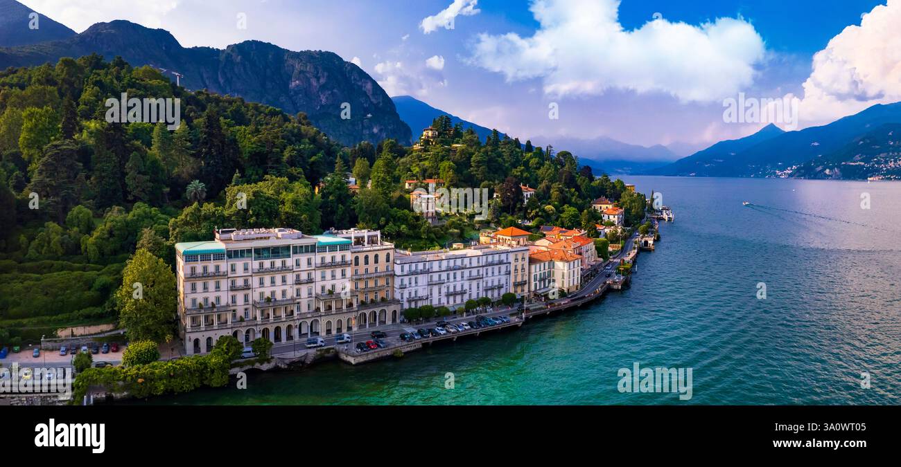 Lago di Como - splendido lago famoso nel nord Italia, regione Lombardia. Vista panoramica dall'alto angolo di un drone sul pittoresco villaggio della Tremezzina . Romanti italiani Foto Stock
