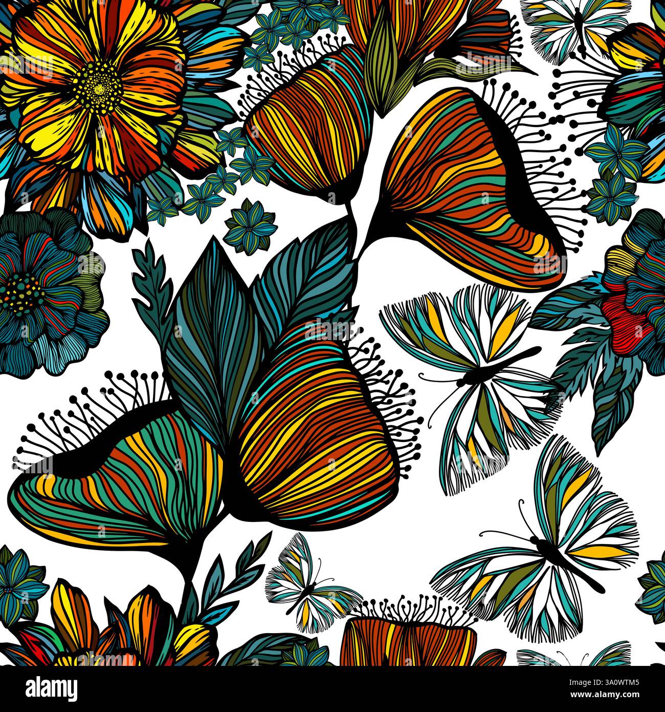 Disegno a mano fantasia artistica dei fiori a margherita senza cuciture. Stampa floreale a blocchi. Profili espressivi, Organic Large Scale simplistic retro Fashion Illustrazione Vettoriale