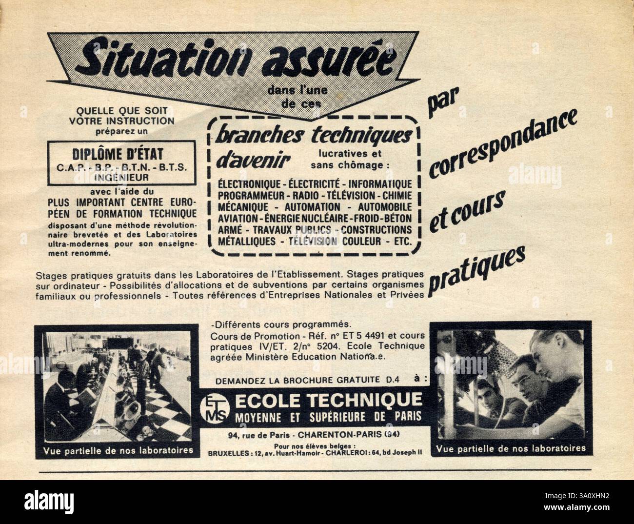 PUBLICITÉ ANCIENNE ECOLE TECHNIQUE MOYENNE ET SUPERIEURE DE PARIS Foto Stock