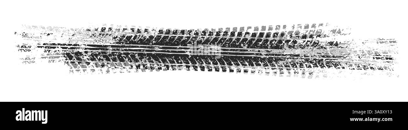 Sgrossare le tracce degli pneumatici con schizzi di fango, segni di frenata delle ruote sporche. Silhouette con battistrada per camion, auto o motociclette. Perfetto per fuoristrada Illustrazione Vettoriale