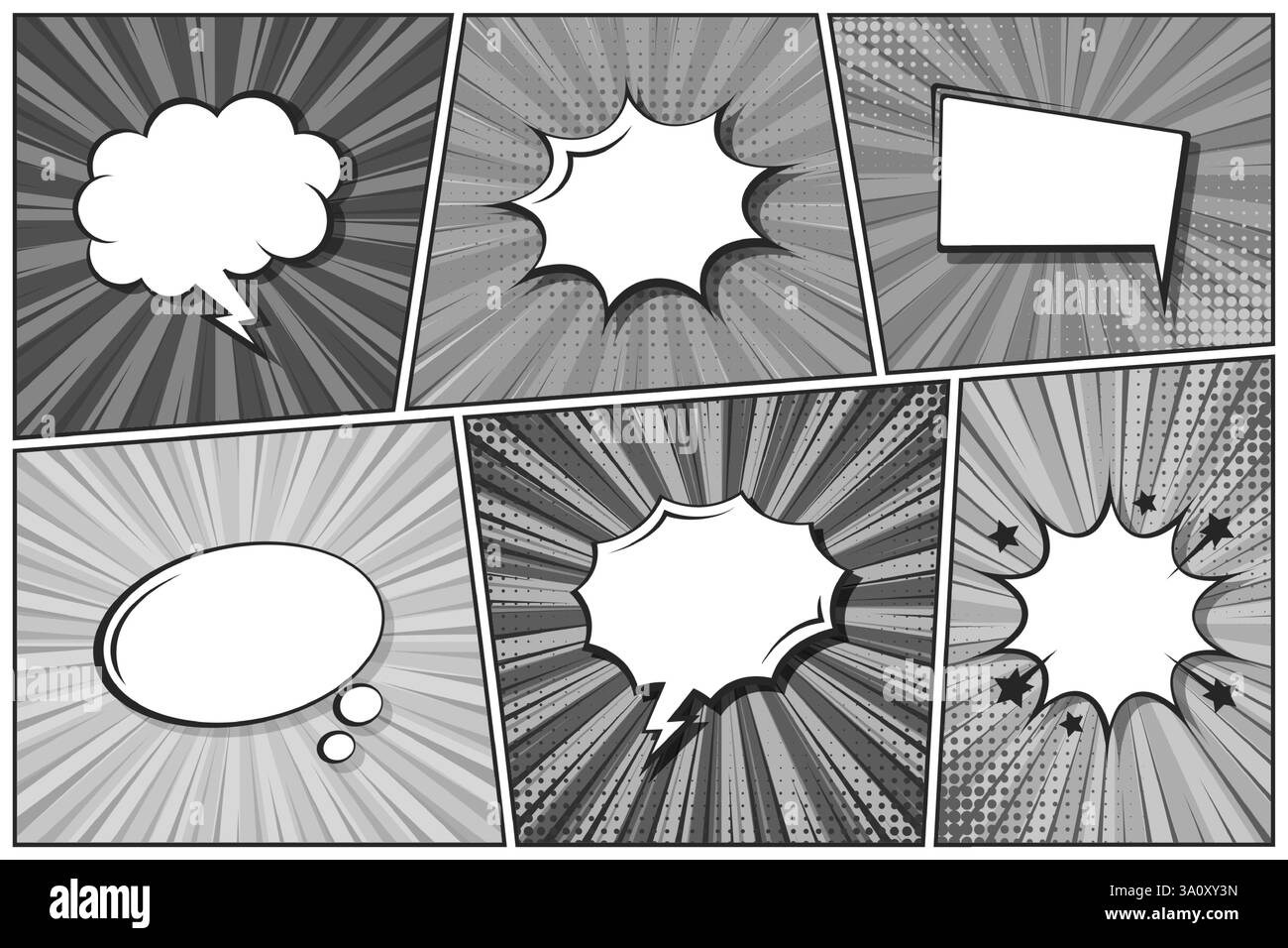 Sfondo fumettistico dei cartoni animati. Bolla del discorso. Poster in bianco e nero del libro di fumetti con elementi mezzitoni e linee radiali. Stile Pop Art retrò. Vettore Illustrazione Vettoriale