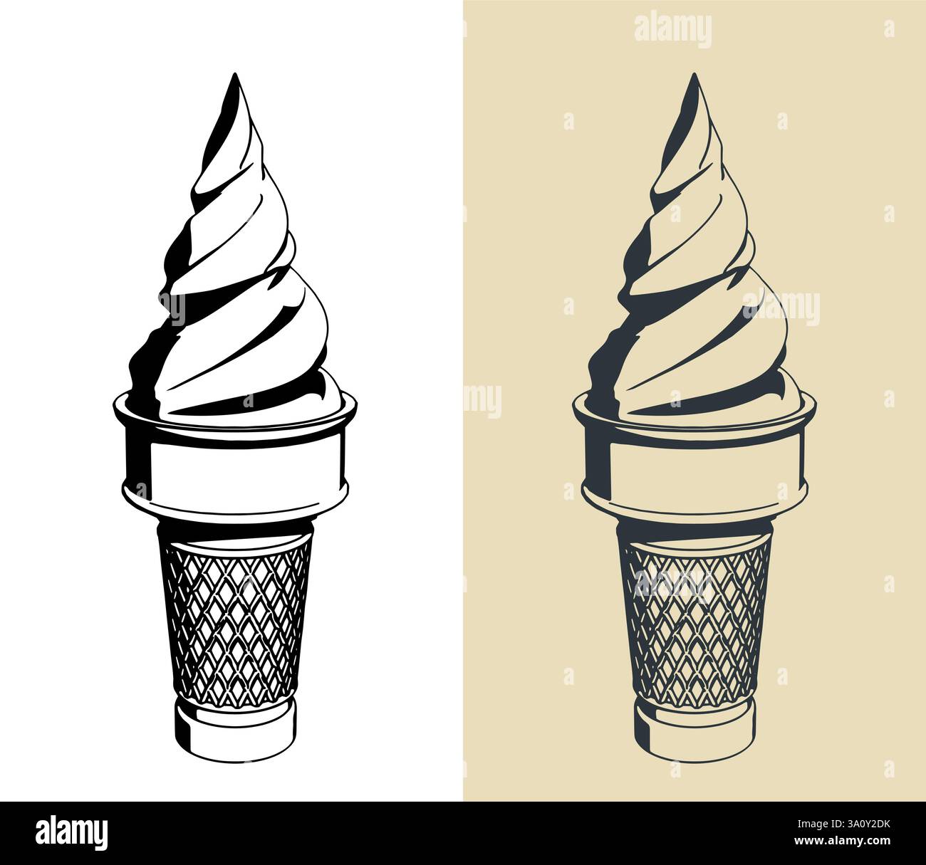 Gelato in un cono di cialda con illustrazioni vettoriali stilizzate Illustrazione Vettoriale