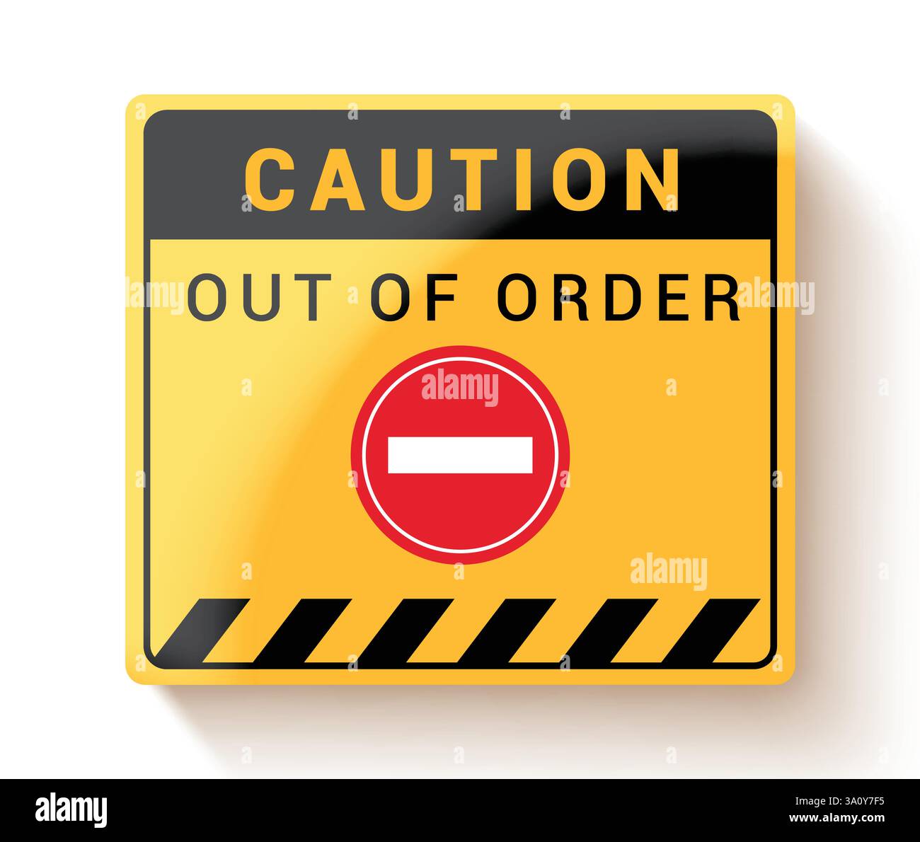 Clipart dell'icona del simbolo di attenzione fuori servizio. Avvertenza segnaletica industriale clip art su scheda gialla per pericolo, malfunzionamento, manutenzione e danni Illustrazione Vettoriale