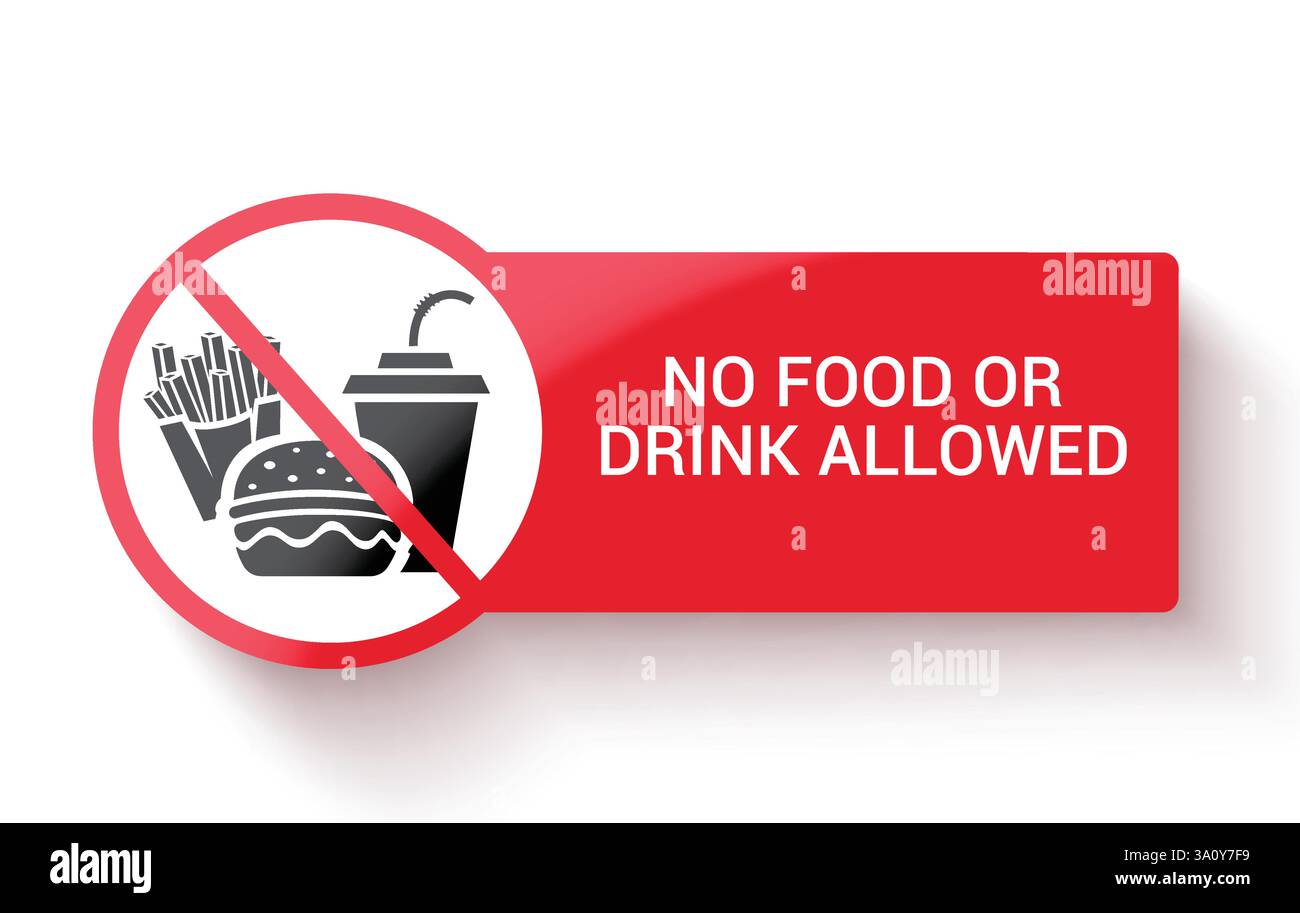 Non sono ammessi cibo, bevande, simbolo clipart. Abbigliamento per la spesa segnaletica clip art in cartellone rosso informazioni pubbliche design grafico Illustrazione Vettoriale