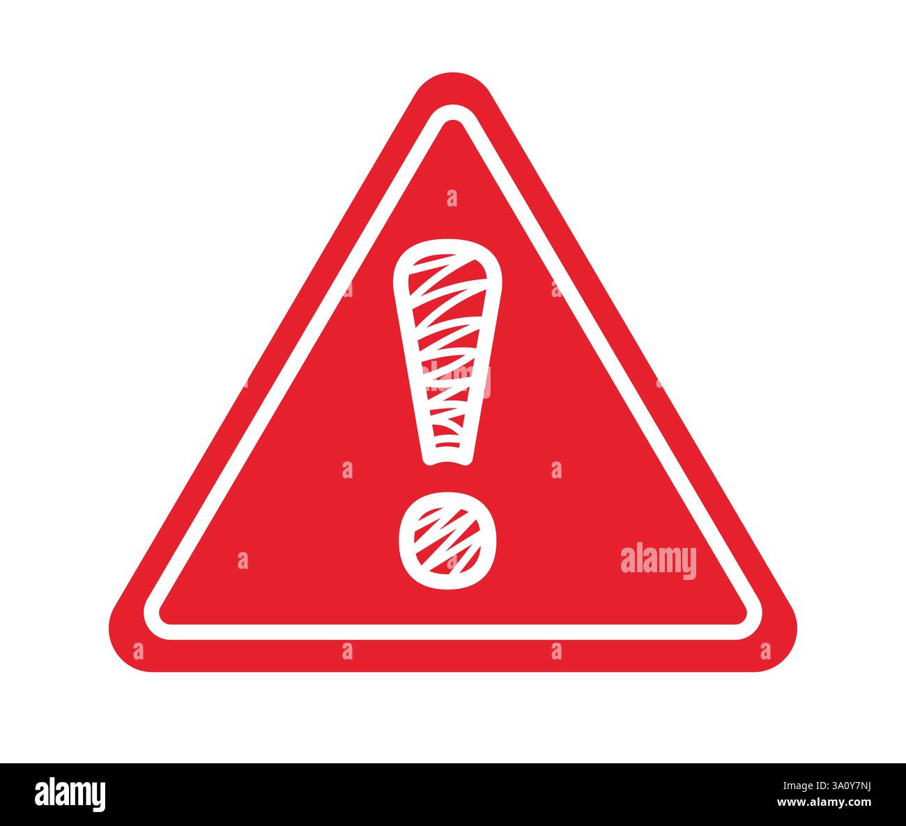 Clipart dell'icona del segnale di pericolo. Cartello triangolare rosso con punto esclamativo disegnato a mano per informazioni sulla sicurezza in caso di pericolo, pericolo Illustrazione Vettoriale