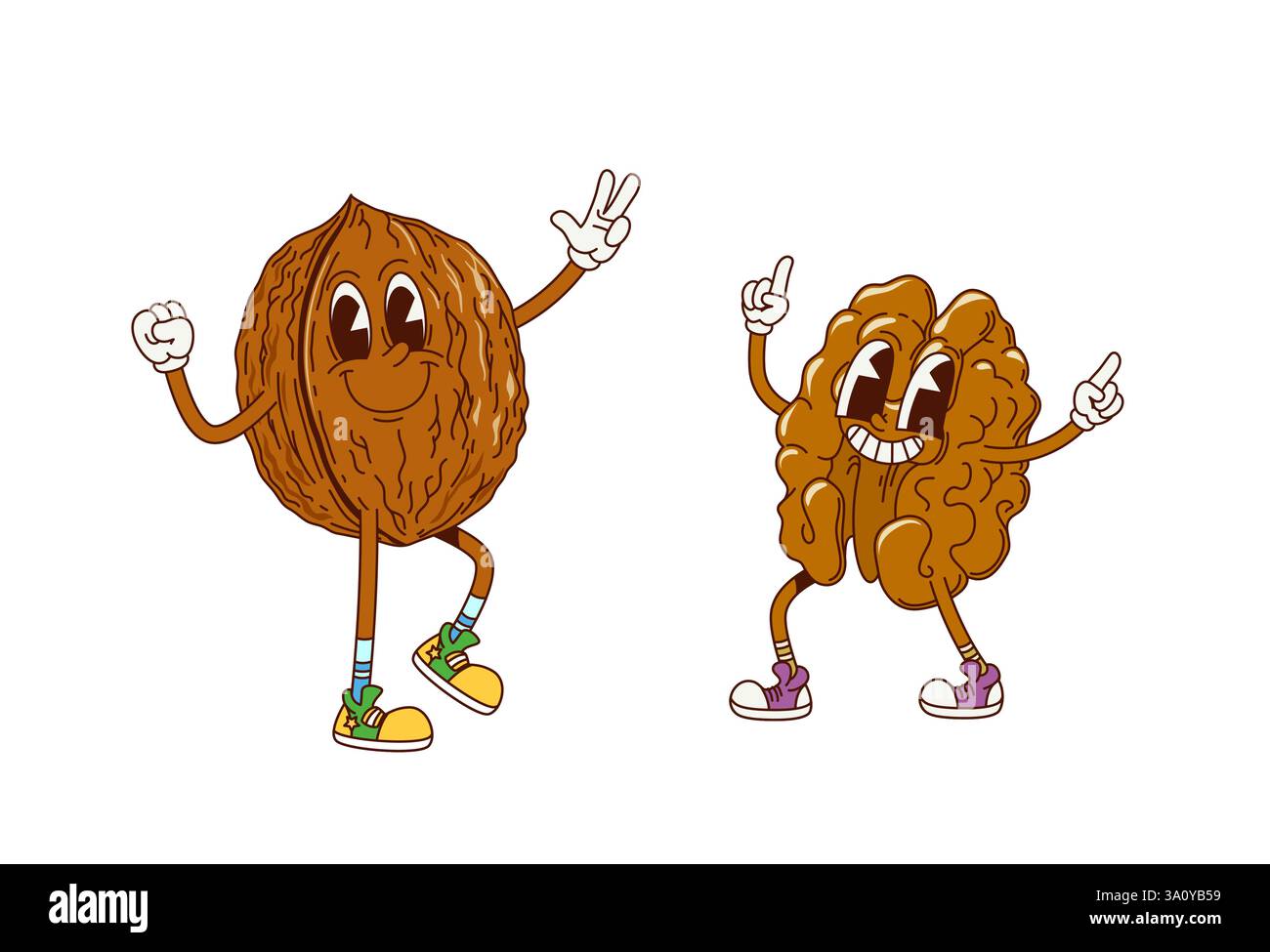 Cartoni animati personaggi di noci noci retrò. Nutrizione sana spuntino di noci fumetto isolato mascotte vettoriale. Anima di noce e conchiglia due simpatici personaggi o. Illustrazione Vettoriale