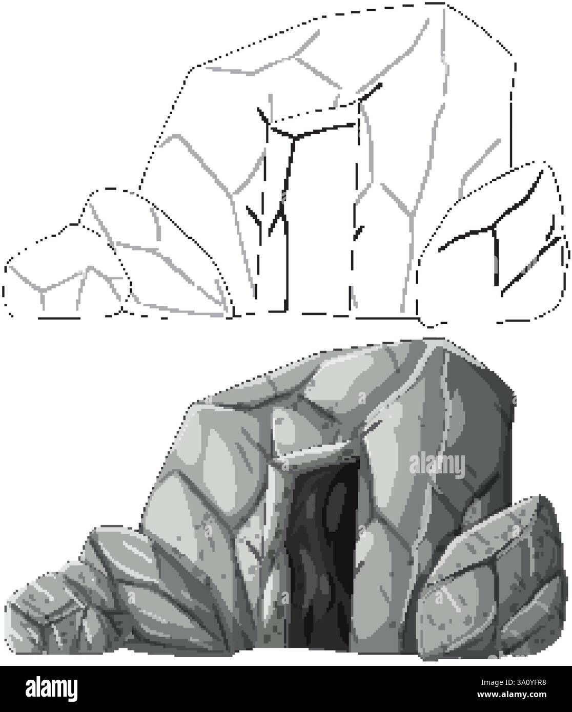 Illustrazione vettoriale dettagliata di un ingresso in una grotta in pietra, che mostra sia la grafica in linea che le versioni colorate con texture realistiche Illustrazione Vettoriale