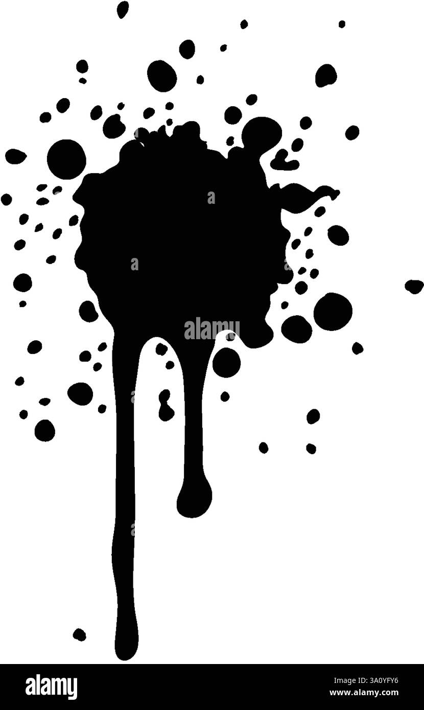 Illustrazione dinamica con spruzzi di inchiostro nero con gocce e schizzi, che mette in evidenza un contrasto audace e un movimento fluido in formato vettoriale Illustrazione Vettoriale