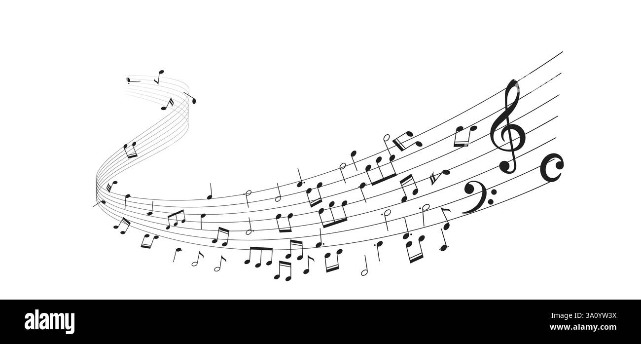 L'illustrazione mostra eleganti note musicali su linee del personale splendidamente curve che creano un senso di ritmo e armonia su uno sfondo semplice. Illustrazione Vettoriale