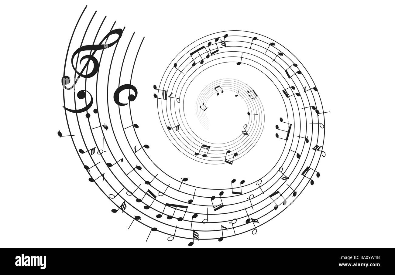 L'illustrazione presenta una spirale di note musicali disposte in uno schema creativo che simboleggia il movimento ritmico nella musica un design dinamico e vorticoso. Illustrazione Vettoriale