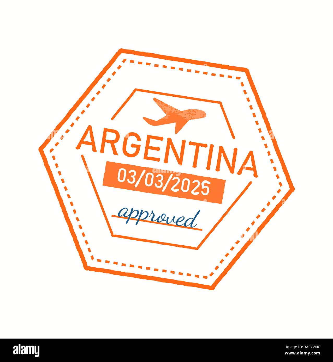 Illustrazione di un timbro da viaggio di forma esagonale con la parola Argentina, icona di un aereo, data 03/03/2025, e la parola approvata in BL Illustrazione Vettoriale