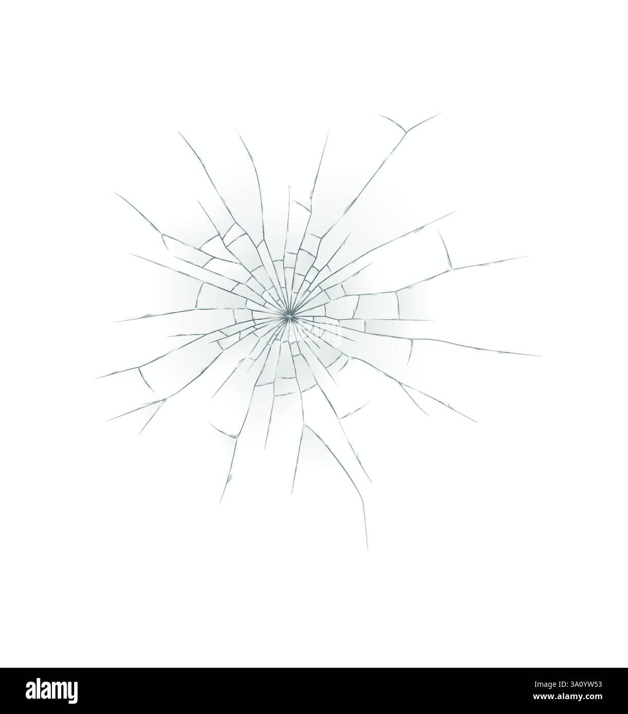 Immagine di un disegno circolare in vetro frantumato che crea un effetto ragnatela isolato su sfondo bianco. Le linee di frattura dettagliate si irradiano verso l'esterno da Illustrazione Vettoriale