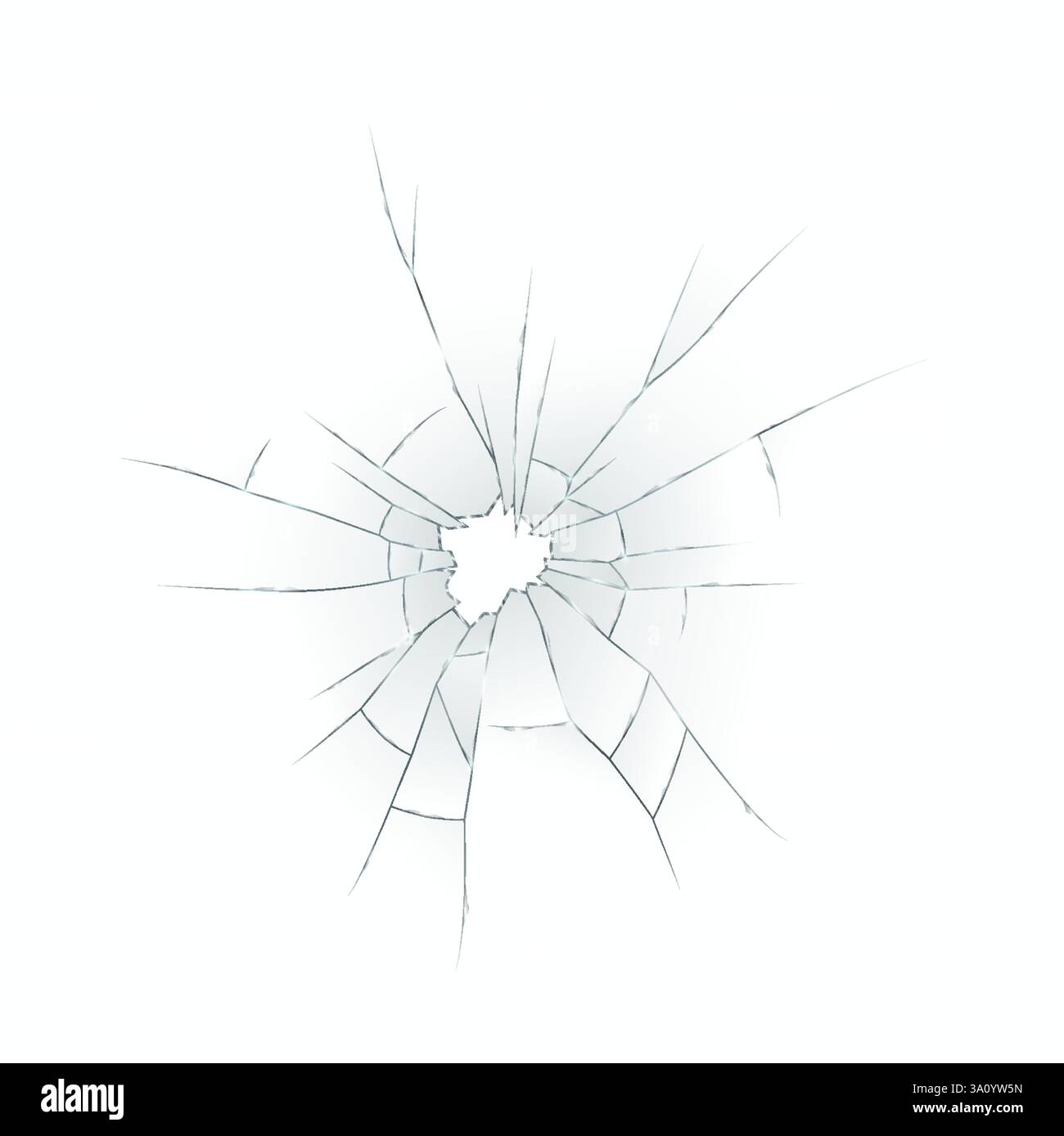 Immagine di una spaccatura rotonda formata su una superficie in vetro trasparente. Le linee frastagliate che si irradiano dal centro creano un effetto visivo sorprendente sul backgroun bianco Illustrazione Vettoriale