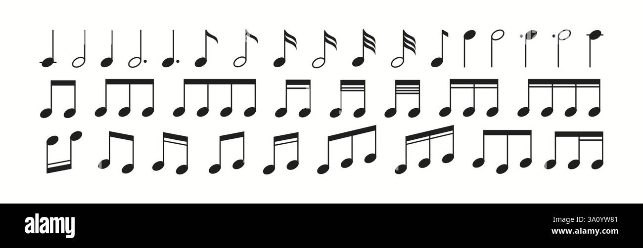 Illustrazione che raffigura diverse note musicali come quarto, ottava e sedicesima note disposte in righe, mostrando diversi modelli ritmici e. Illustrazione Vettoriale