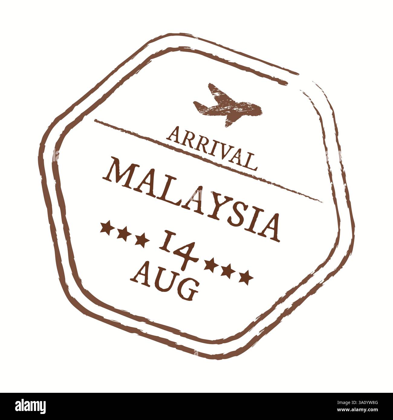 Illustrazione con francobollo in stile vintage con testo all'arrivo che indica la Malesia. Il design include la data con le stelle e il simbolo dell'aereo, che evoca il viaggio e una Illustrazione Vettoriale
