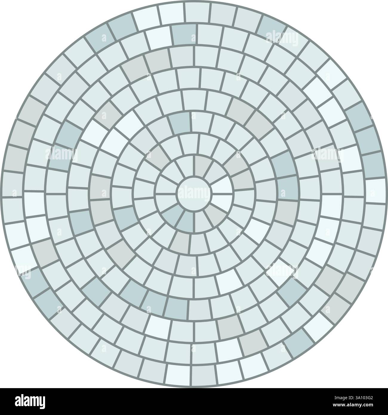 Tessera con motivo circolare pavimentato. Mosaico circolare in mattoni. Pavimentazione in pietra radiale rotonda. Piastrelle di pavimentazione struttura semplice del pavimento. Pietre blu. Illustrazione vettoriale Illustrazione Vettoriale