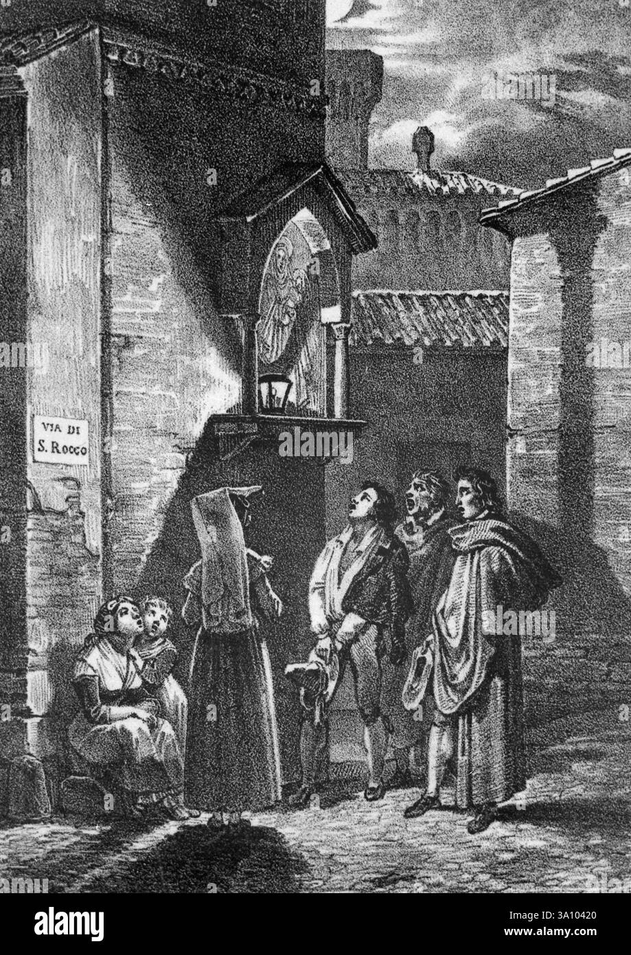 Persone che pregano presso il santuario della Madonna della chiesa di Santa Maria in Vivario, Frascati, Italia, illustrazione, anni '1800 Foto Stock