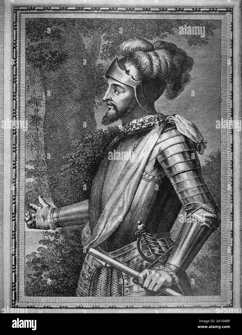 Ritratto dell'esploratore spagnolo, governatore e conquistador Vasco Núñez de Balboa, illustrazione anni 1500 Foto Stock