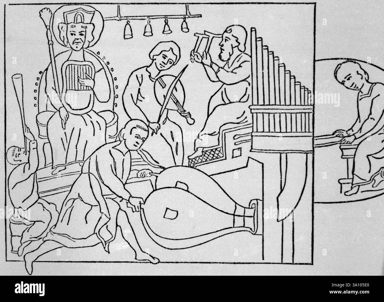 Musicisti che suonano antichi strumenti musicali, illustrazioni, anni '1600 Foto Stock