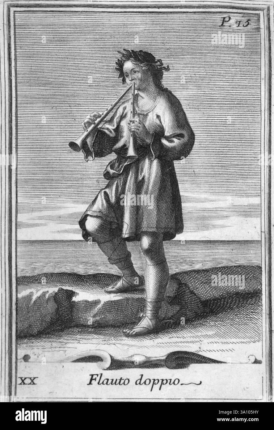 Doppio flauto, illustrazione di Filippo Bonanni, Italia anni '1700 Foto Stock