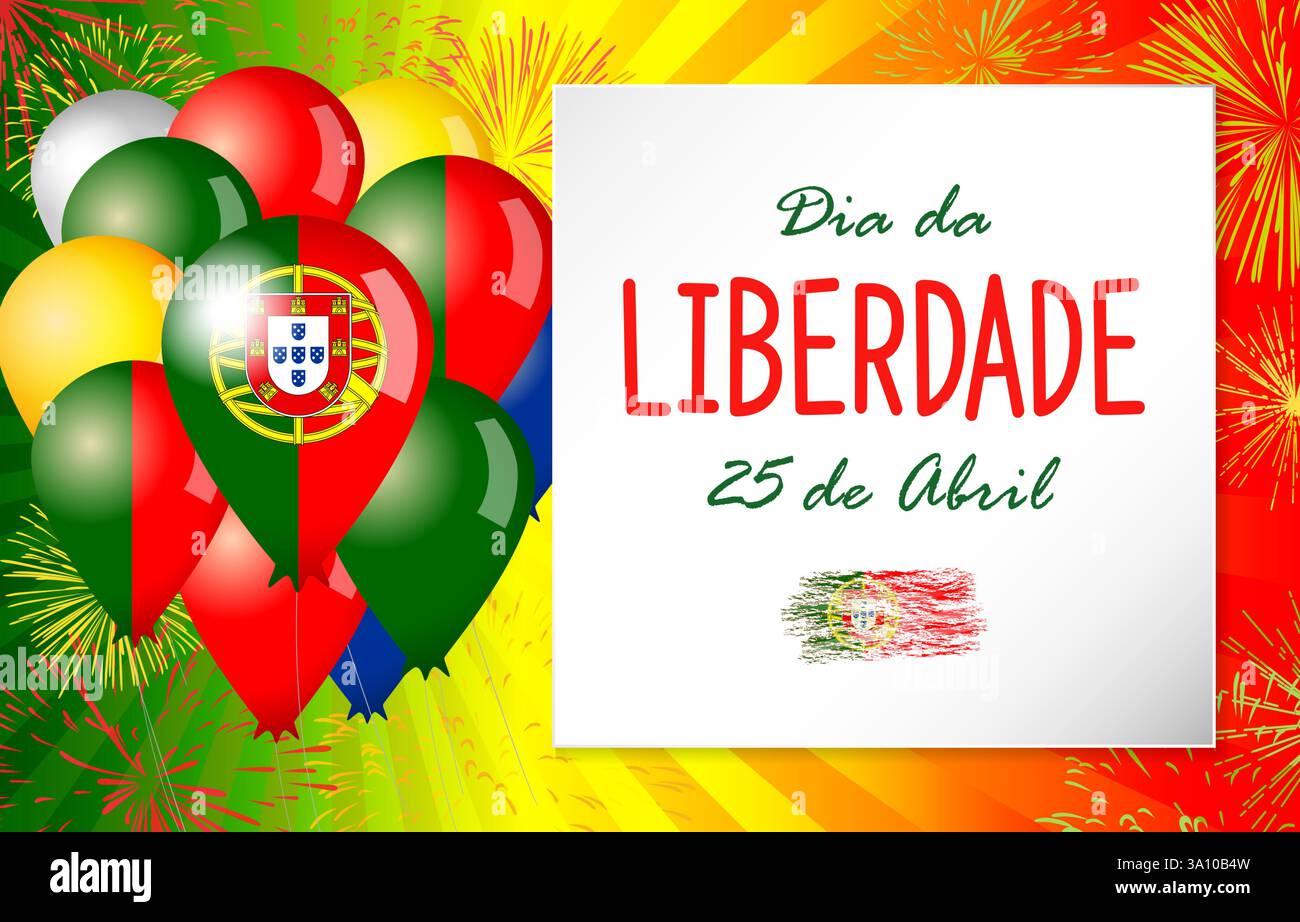 25 aprile giorno della liberazione del Portogallo modello da cartolina. Invito all'evento per le festività del Revolution of Carnation Day. Elementi grafici in stile 3D. Colore della bandiera Illustrazione Vettoriale