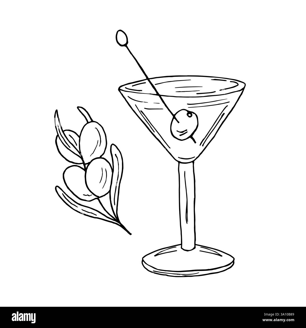 Un bicchiere con una bevanda e olive. Bevanda salutare con olive e frutti. Una rivisitazione estiva. Illustrazione vettoriale in stile doodle. Per i menu di bar, ristoranti e stampe. Illustrazione Vettoriale