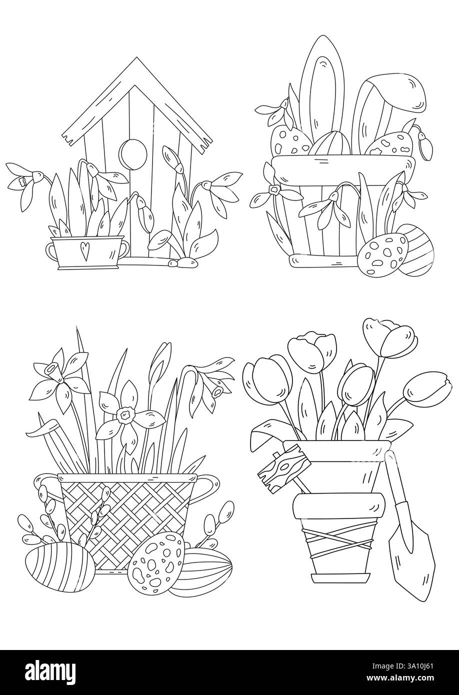 Pagina da colorare per lo stress-Relief di primavera e Pasqua con illustrazioni di fiori, uova di Pasqua e Una Birdhouse Illustrazione Vettoriale