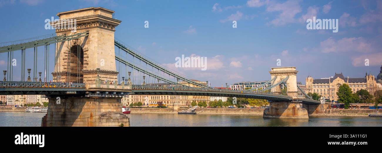 Vista panoramica del Ponte delle catene sul Danubio, banner web di Budapest, Ungheria Foto Stock