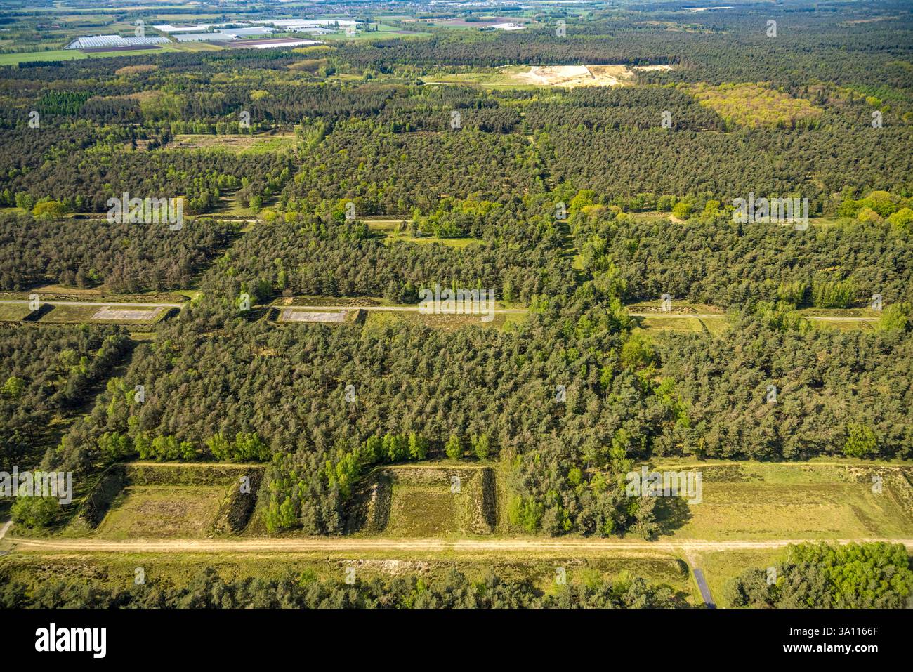 Fotografia aerea, riserva naturale NSG Brachter Wald al confine tra Germania e Paesi Bassi, ex deposito di munizioni e zona soggetta a restrizioni dell’esercito britannico del Reno, Foto Stock