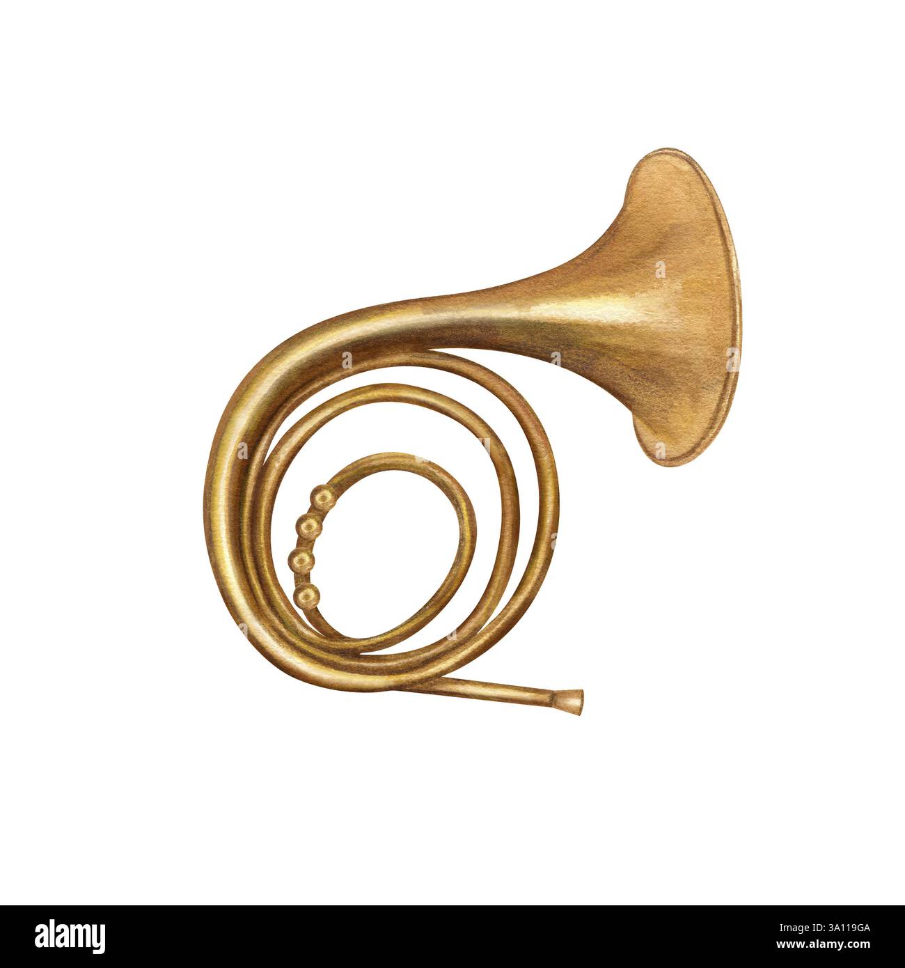 Più grande strumento musicale tuba in ottone, illustrazione ad acquerello, sfondo isolato. Corno vintage a vento di legno. Elemento di musica classica per poster del negozio Foto Stock