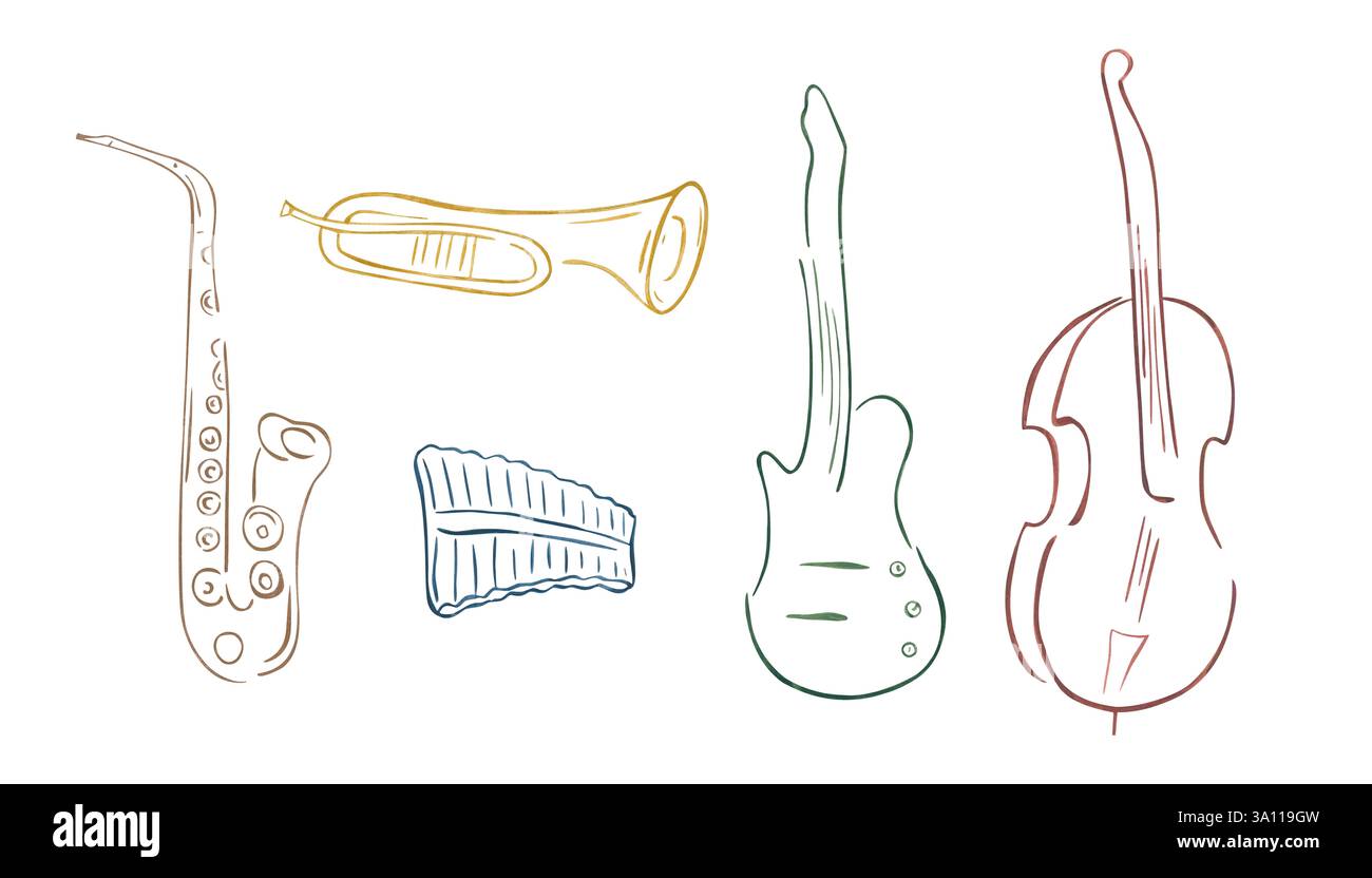 Sagoma dello strumento musicale illustrazione acquerello sfondo isolato. Contrabbasso multicolore dipinto a mano, flauto pan, chitarra, tromba, sassofono Foto Stock