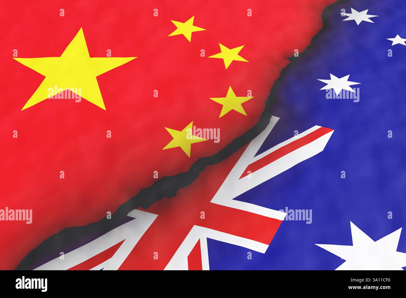 Una crepa profonda scura che divide la terra in 2 pezzi mostrando le bandiere nazionali di Cina e Australia rispettivamente. Guerra commerciale e conflitto tra di loro Foto Stock
