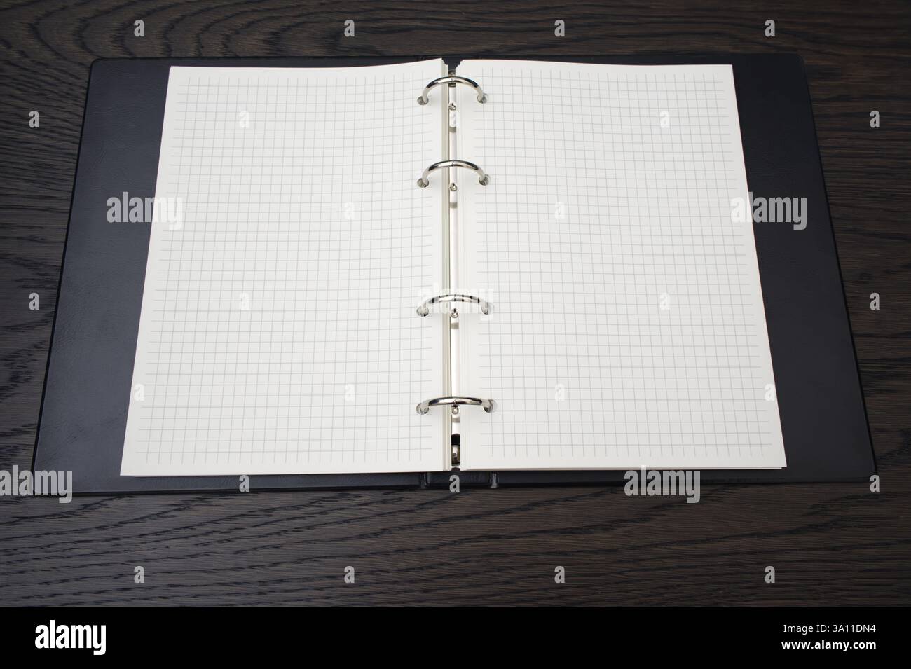 il quaderno nero con pagine a griglia è aperto su un tavolo di legno scuro. Foto Stock
