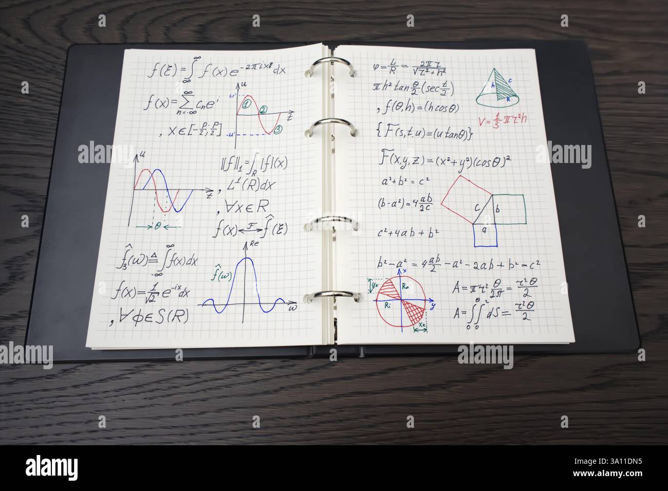 Un quaderno aperto rivela complesse equazioni matematiche e grafici colorati, accompagnati da una lussuosa penna dorata Foto Stock
