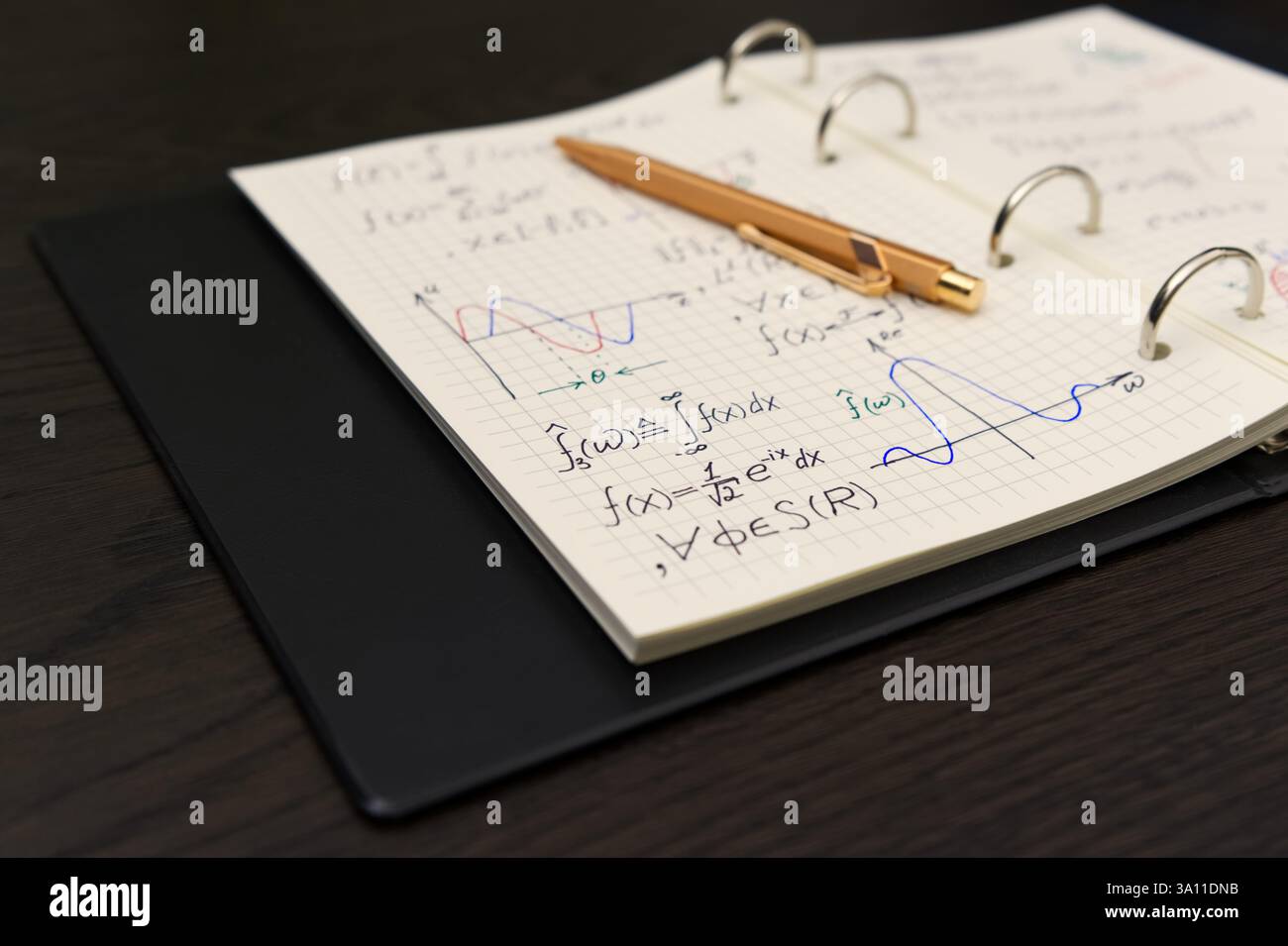 Un quaderno aperto rivela complesse equazioni matematiche e grafici colorati, accompagnati da una lussuosa penna dorata Foto Stock