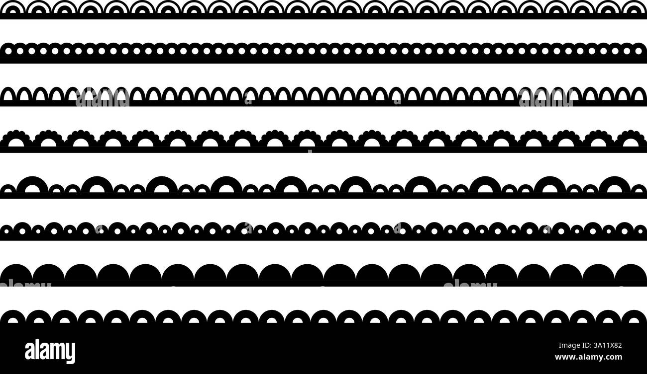 Capesante in pizzo sul bordo del tessuto. Margine di ripetizione per cornice. Linea ornamentale per il design di inviti a matrimoni. Raccolta di elementi vettoriali neri isolati su sfondo bianco. Illustrazione Vettoriale
